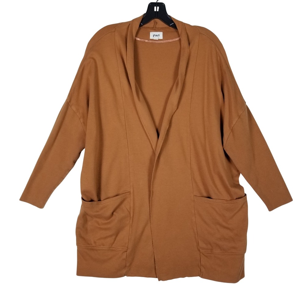 Pact Cardigan Women M/L Terracotta Organic Cotton Open Front Pockets Relaxed